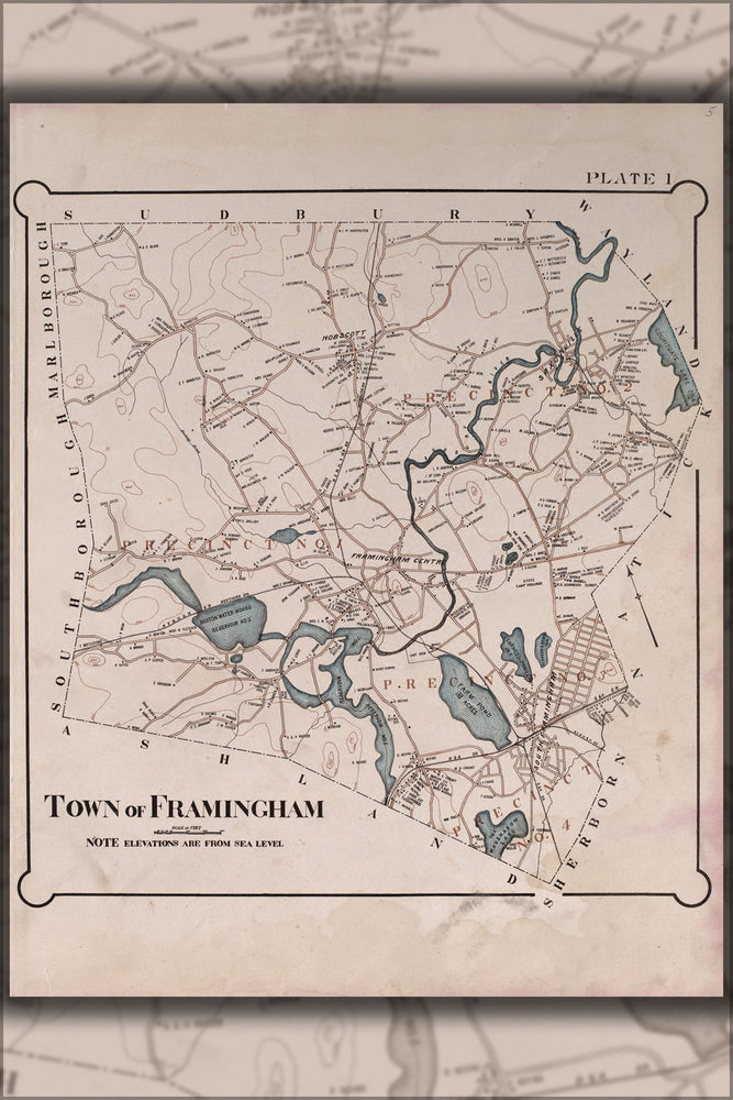 24"x36" Gallery Poster, map of framingham massachusetts 1895
