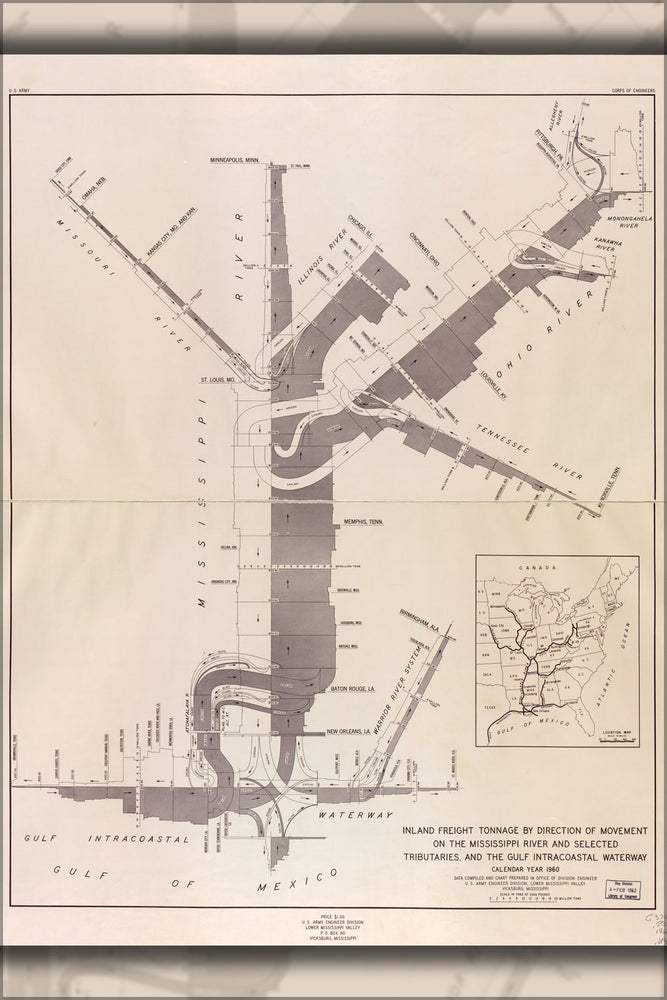 24"x36" Gallery Poster, map of freight tonnage on Mississippi River 1960