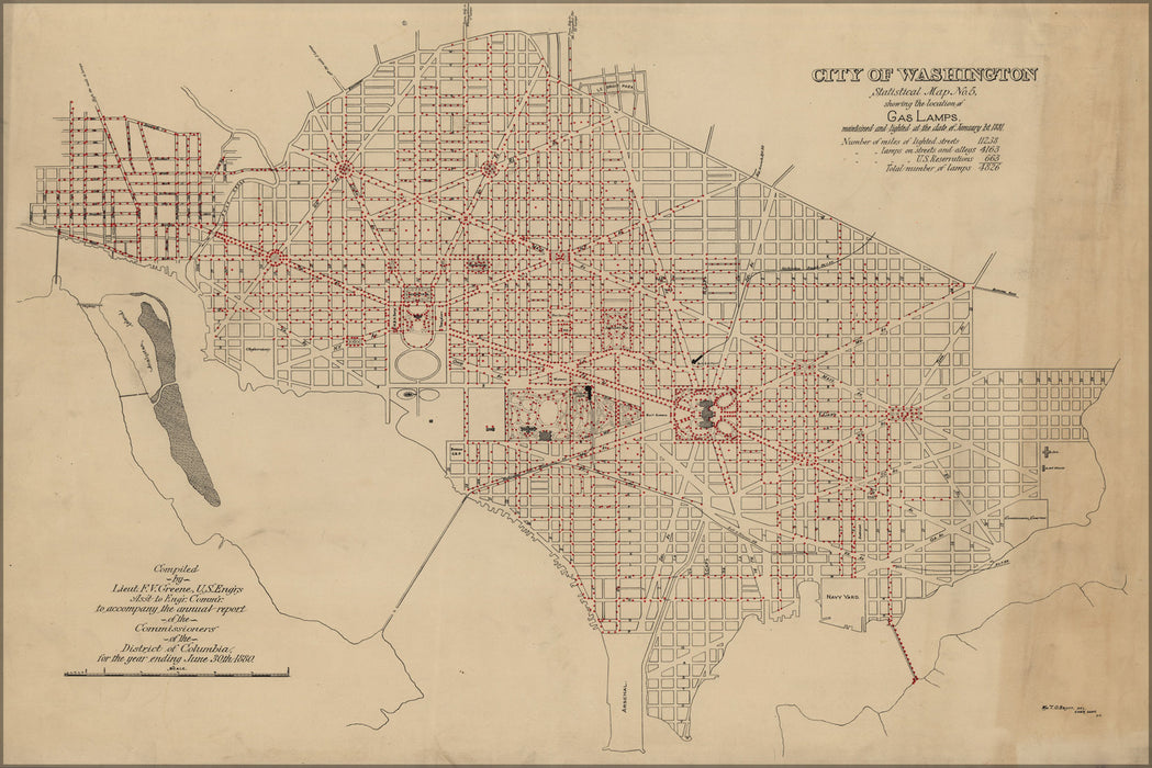 24"x36" Gallery Poster, map of gas lamps in washington d.c. 1880
