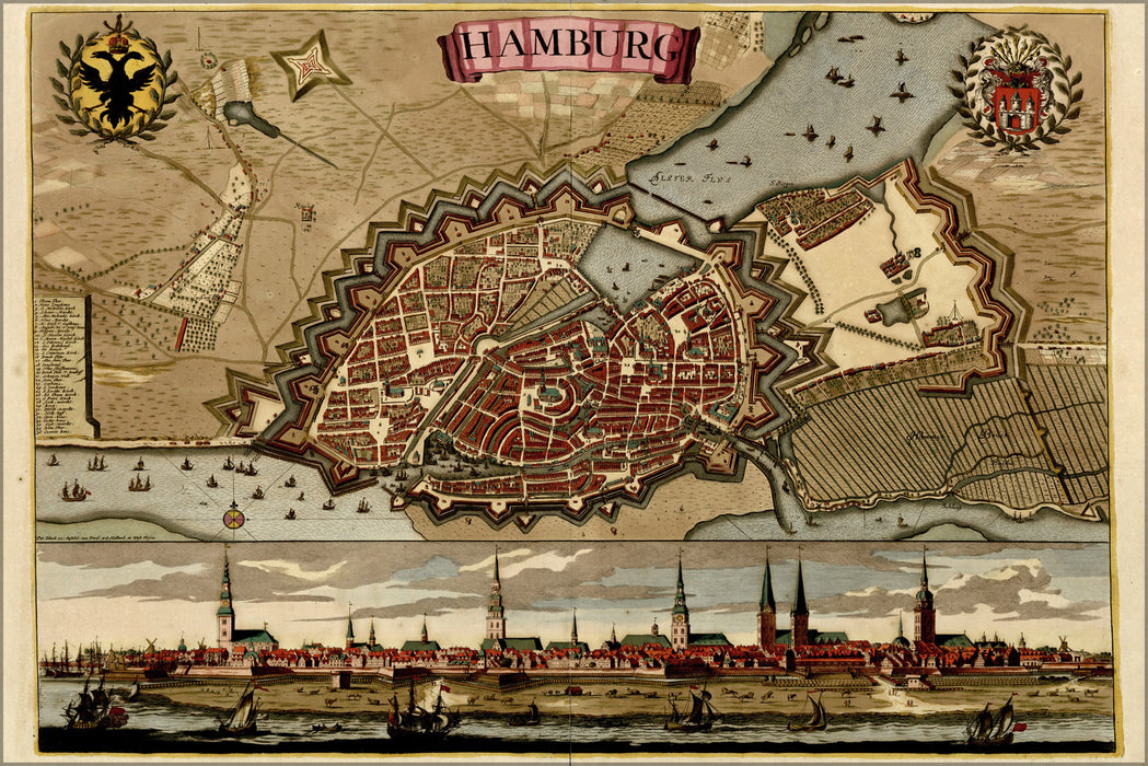 24"x36" Gallery Poster, map of hamburg germany 1709