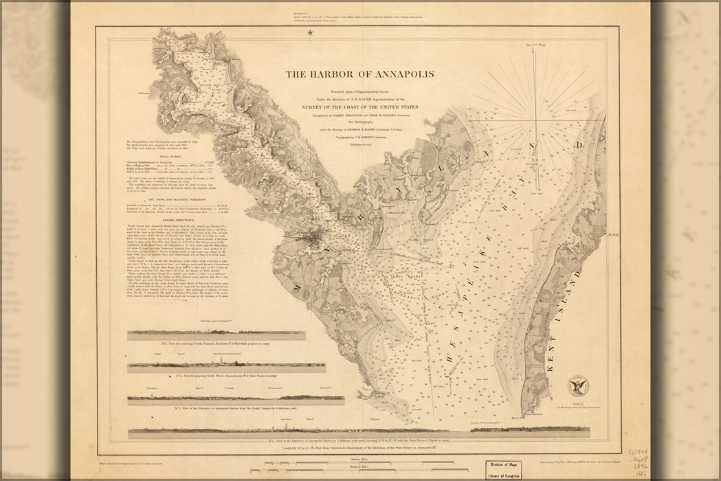 24"x36" Gallery Poster, map of harbor of Annapolis maryland 1846