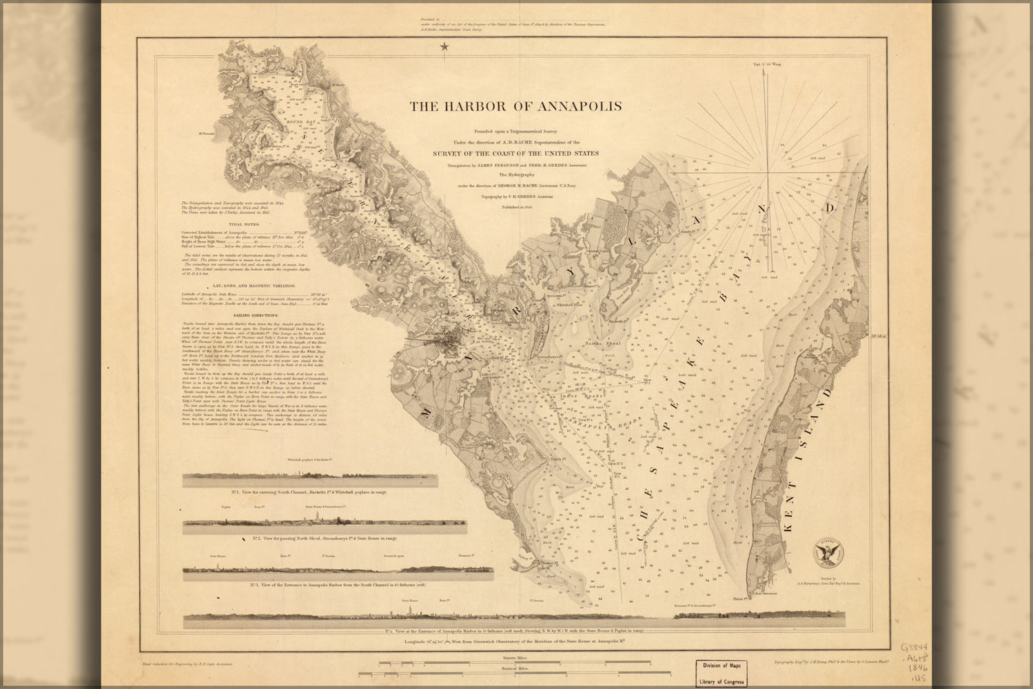 24"x36" Gallery Poster, map of harbor of Annapolis maryland 1846