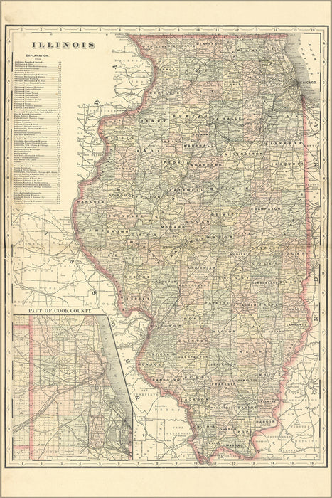 24"x36" Gallery Poster, map of illinois 1894