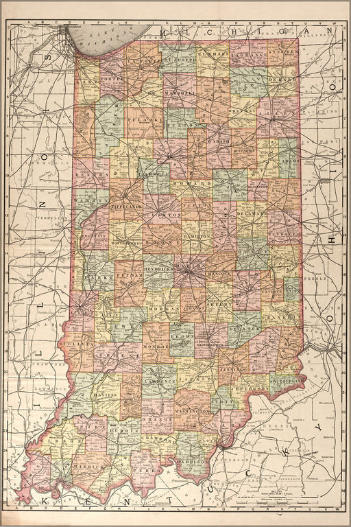 24"x36" Gallery Poster, map of indiana 1893