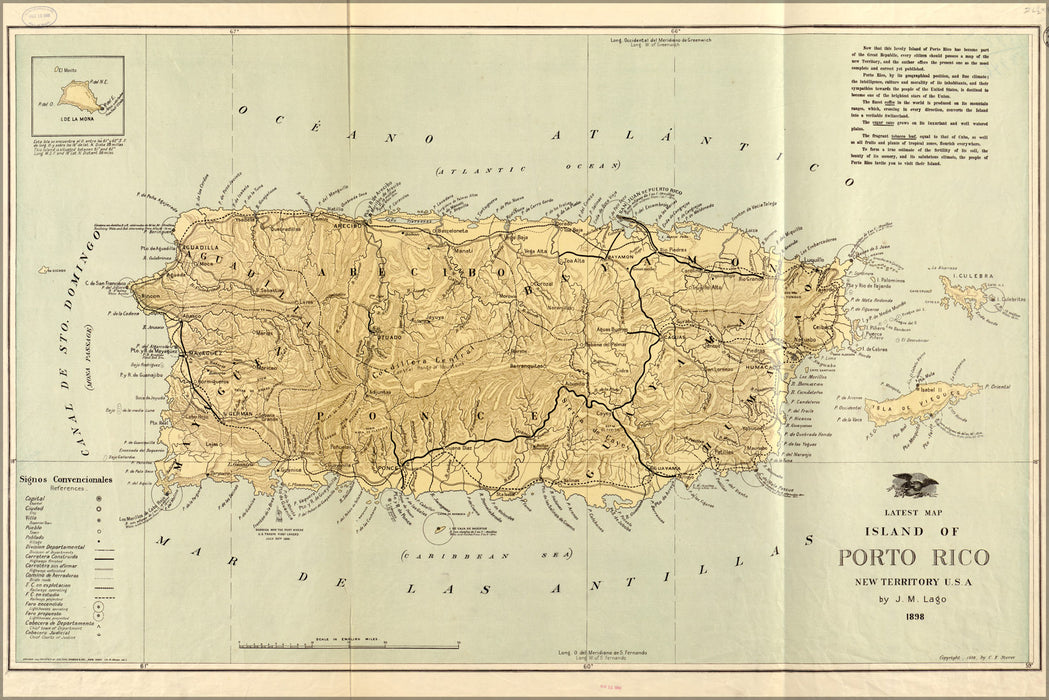 24"x36" Gallery Poster, map of island of Puerto Rico 1898