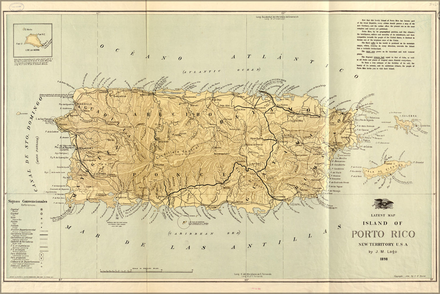 24"x36" Gallery Poster, map of island of Puerto Rico 1898