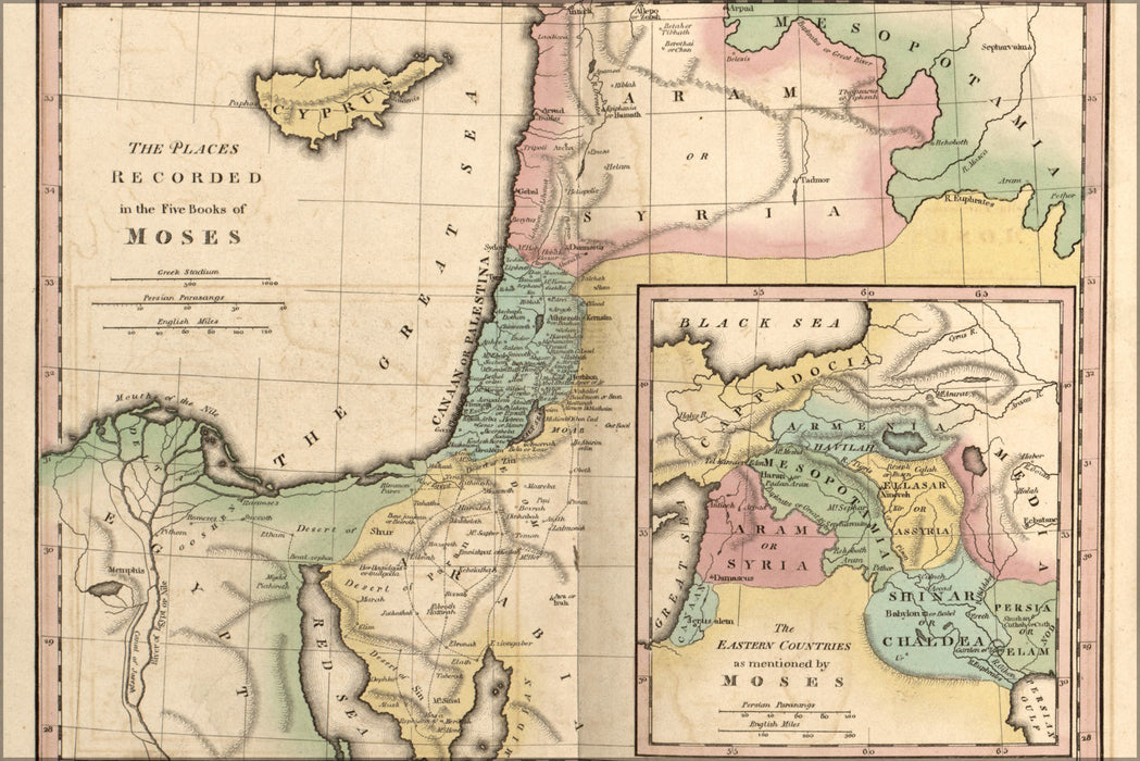 24"x36" Gallery Poster, map of israel & places from books of Moses 1826