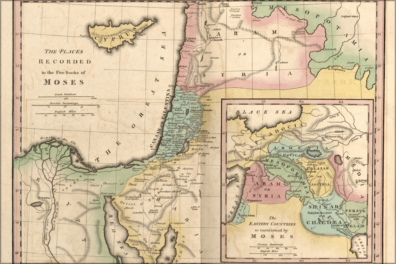 24"x36" Gallery Poster, map of israel & places from books of Moses 1826
