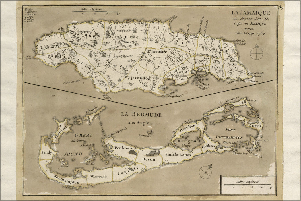 24"x36" Gallery Poster, map of jamaica and bermuda 1767 in french
