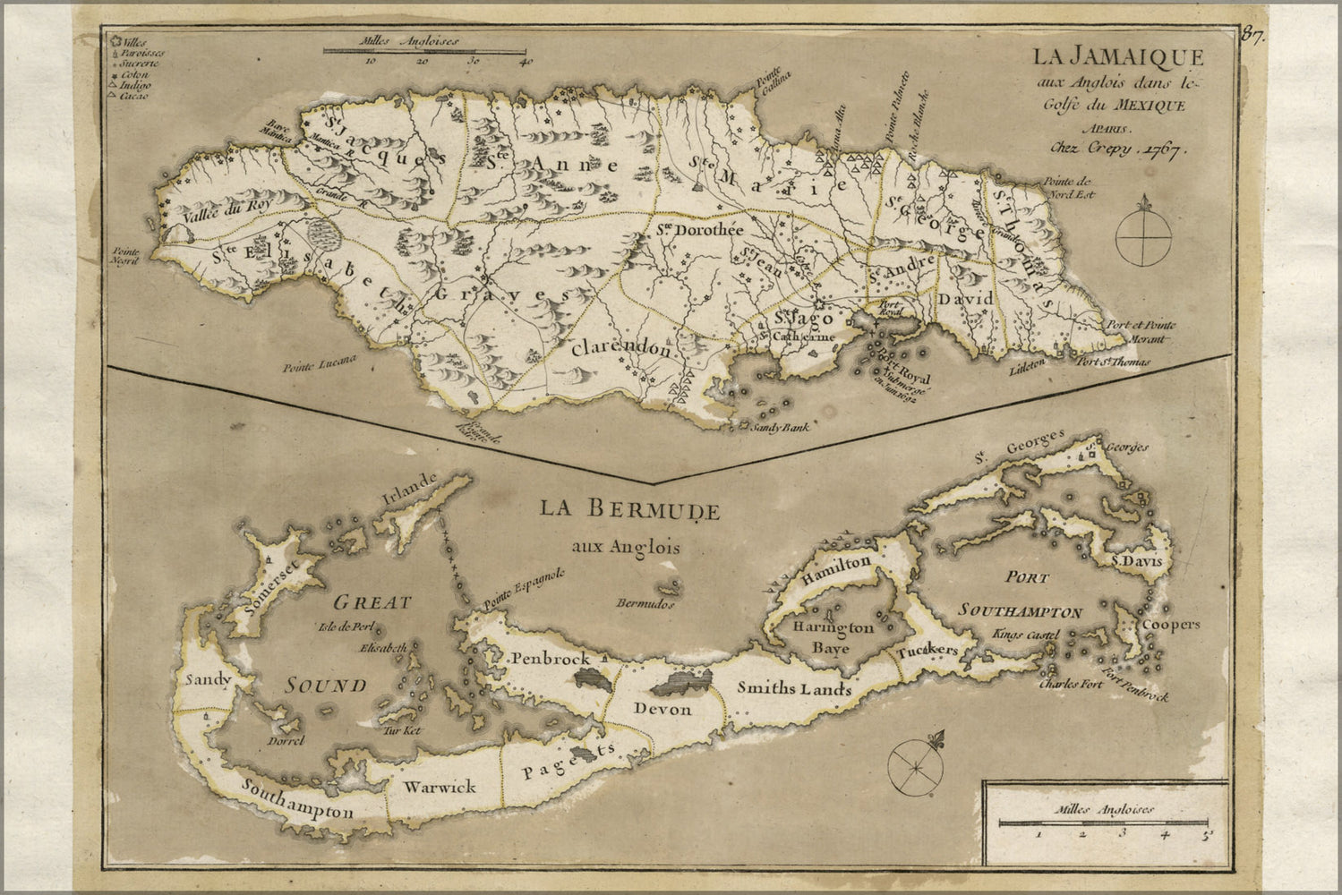 24"x36" Gallery Poster, map of jamaica and bermuda 1767 in french
