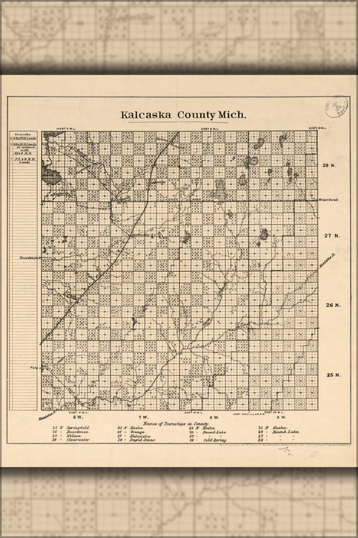 24"x36" Gallery Poster, map of kalkaska County, Michigan 1878