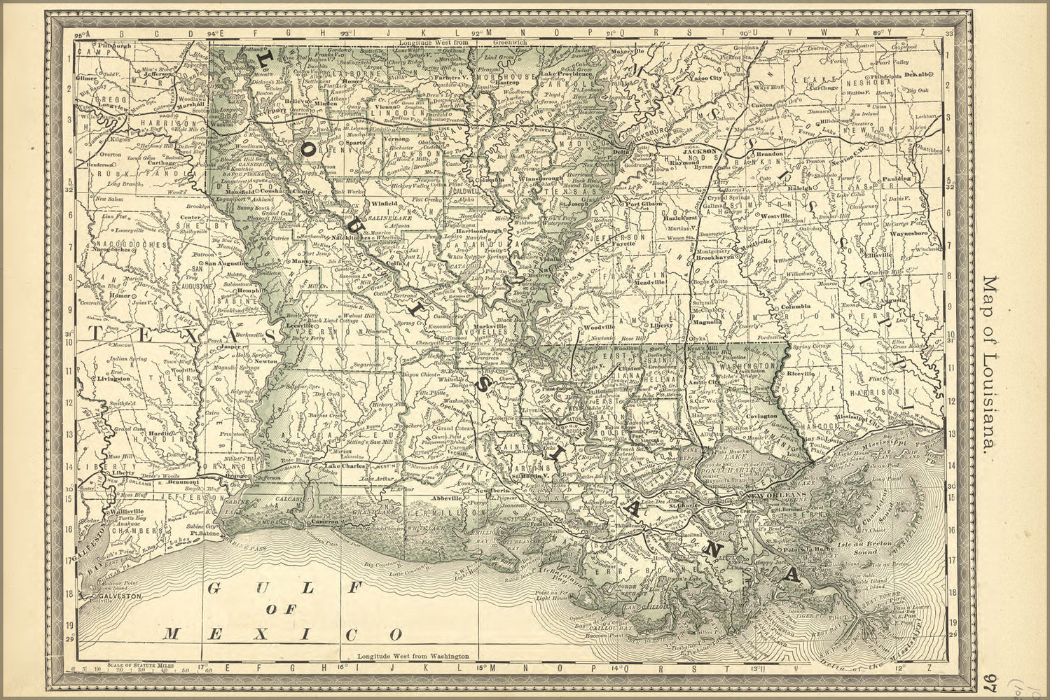 24"x36" Gallery Poster, map of louisiana 1881