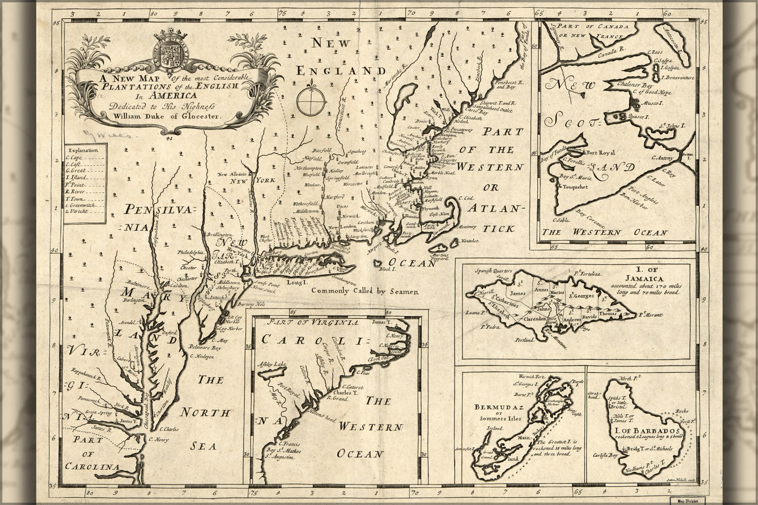 24"x36" Gallery Poster, map of major plantations pre united states 1700