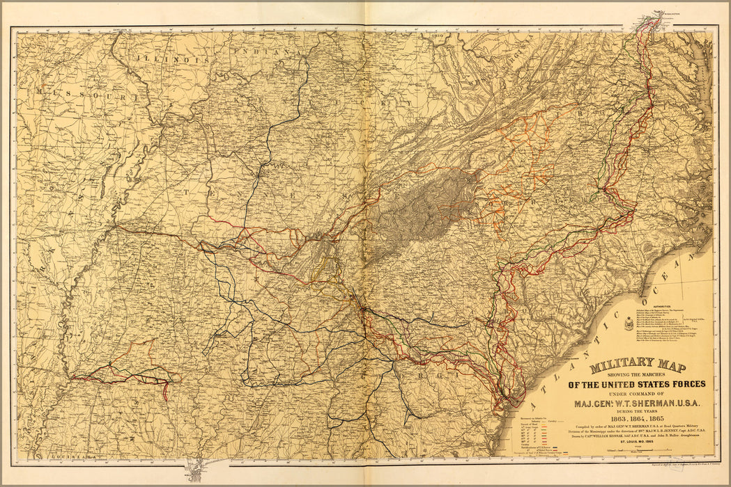 24"x36" Gallery Poster, map of marches under General Sherman 1863-65