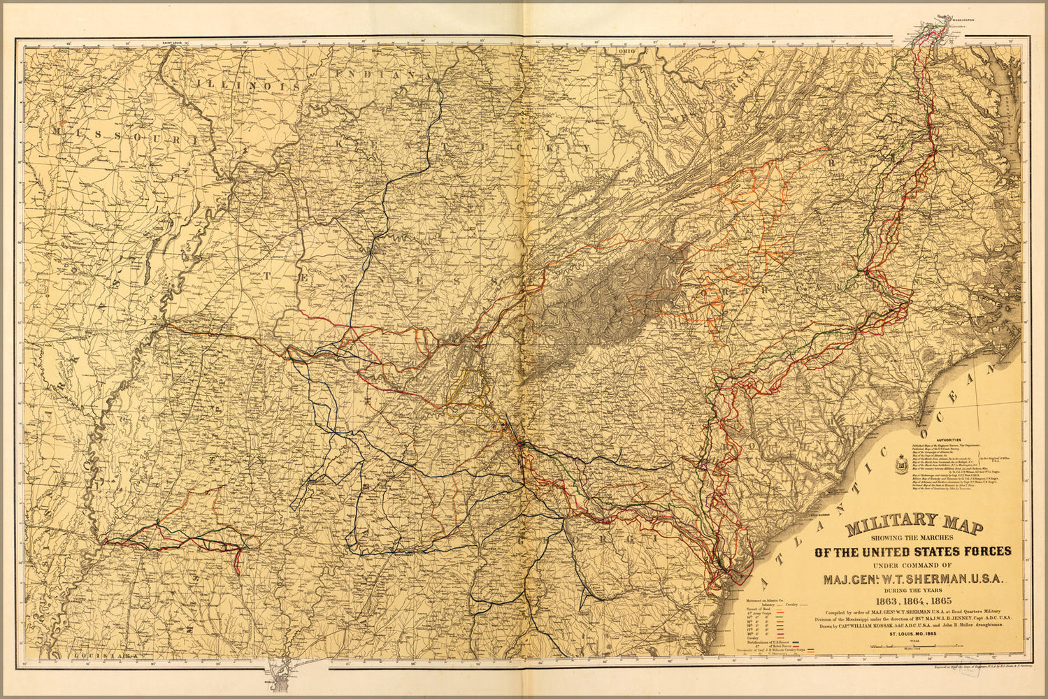 24"x36" Gallery Poster, map of marches under General Sherman 1863-65