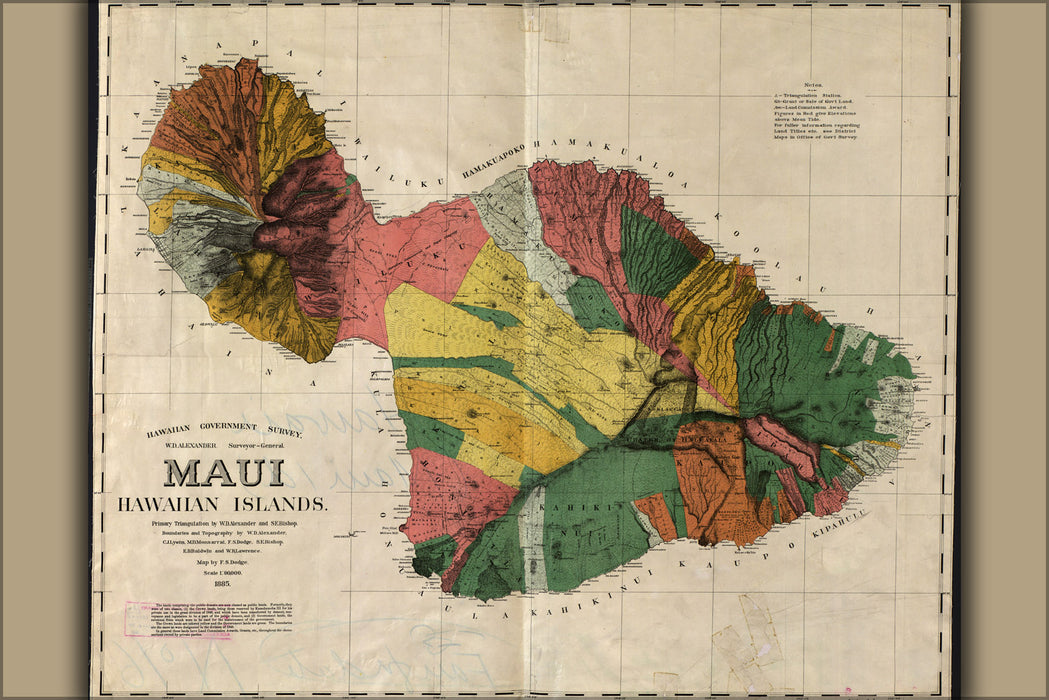 24"x36" Gallery Poster, map of maui hawaii 1885