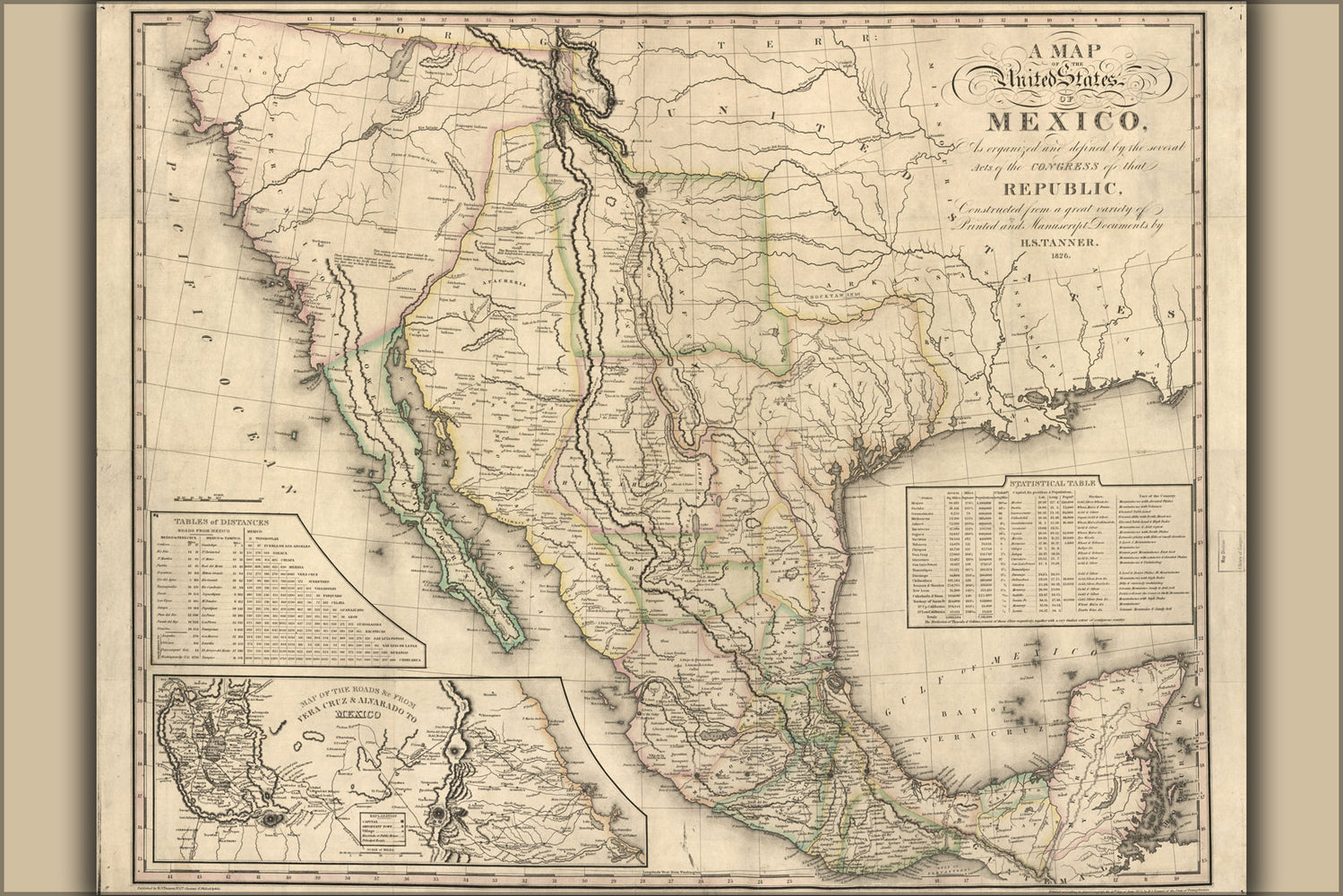 24"x36" Gallery Poster, map of mexico 1826