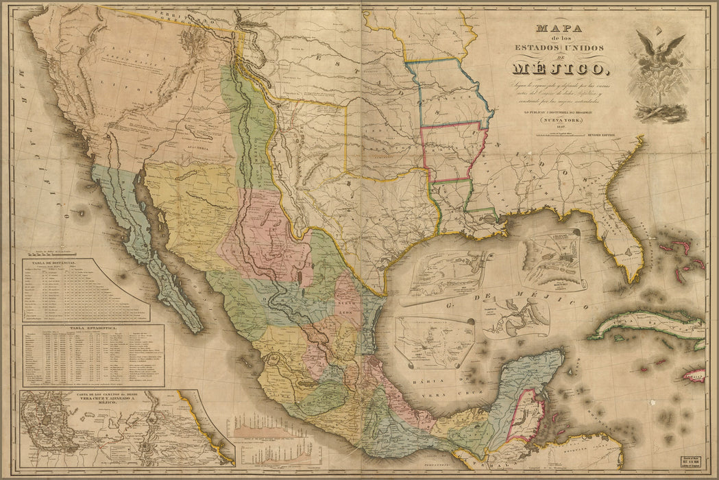 24"x36" Gallery Poster, map of mexico 1847 in spanish