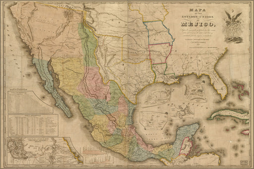 24"x36" Gallery Poster, map of mexico 1847 in spanish