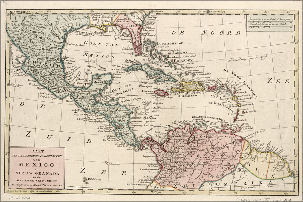24"x36" Gallery Poster, map of mexico Caribbean cuba 1765 in dutch