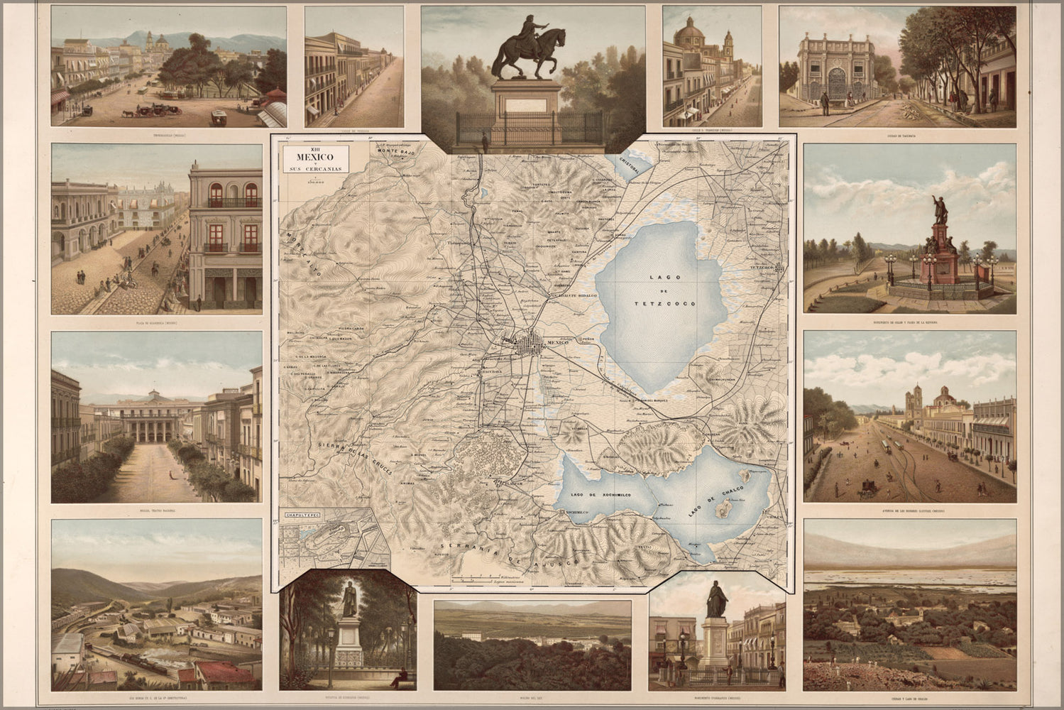 24"x36" Gallery Poster, map of mexico city 1885