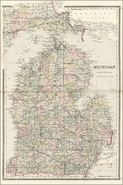 24"x36" Gallery Poster, map of michigan 1893