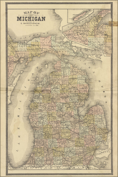 24"x36" Gallery Poster, map of michigan 1896