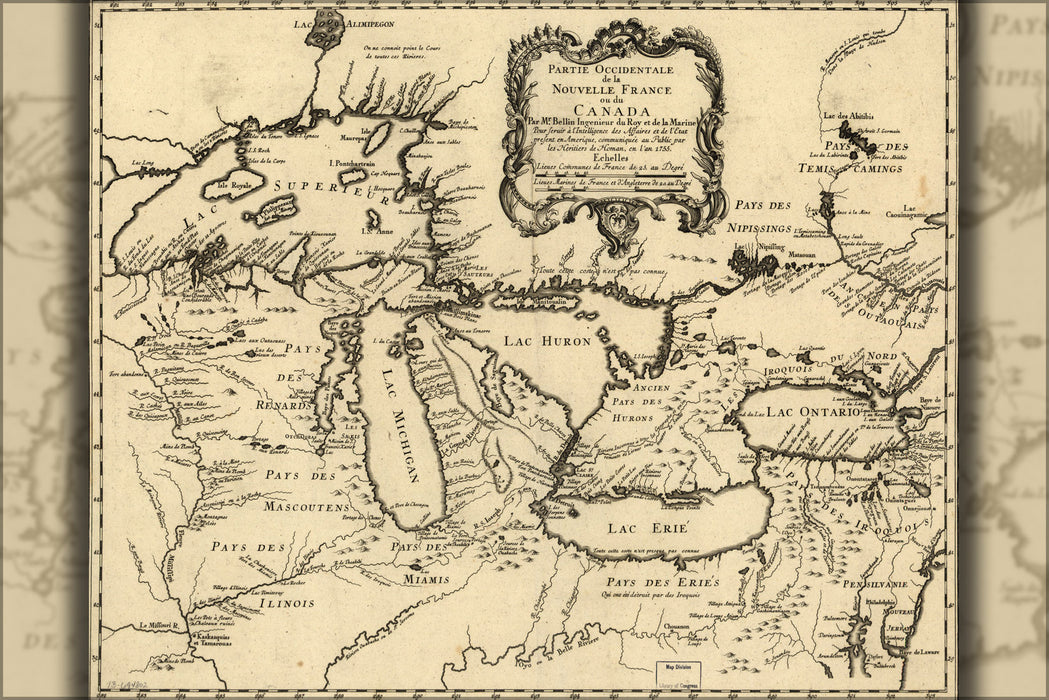 24"x36" Gallery Poster, map of michigan great lakes 1755 p2 in french