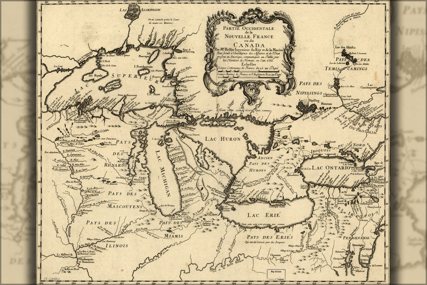 24"x36" Gallery Poster, map of michigan great lakes 1755 p2 in french