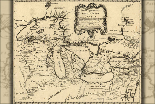 24"x36" Gallery Poster, map of michigan great lakes 1755 p2 in french