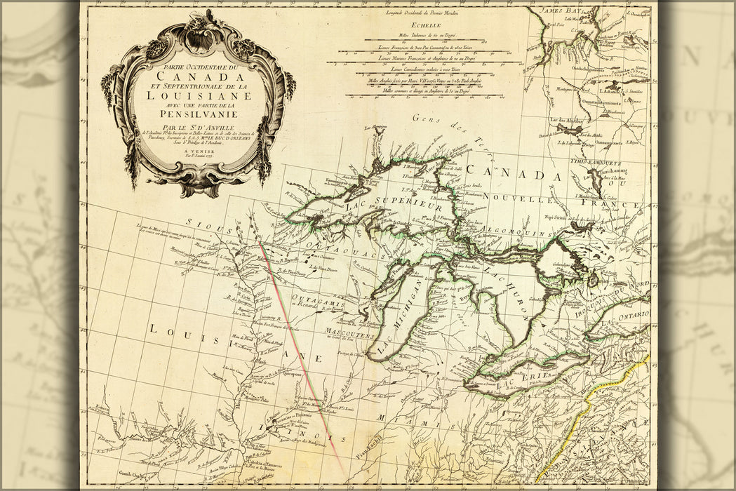 24"x36" Gallery Poster, map of michigan great lakes 1775 in french