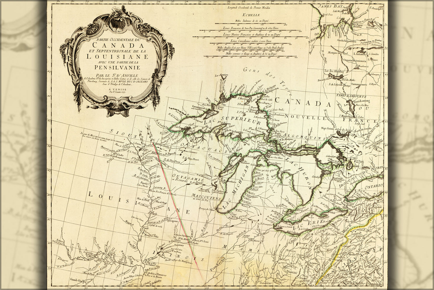 24"x36" Gallery Poster, map of michigan great lakes 1775 in french