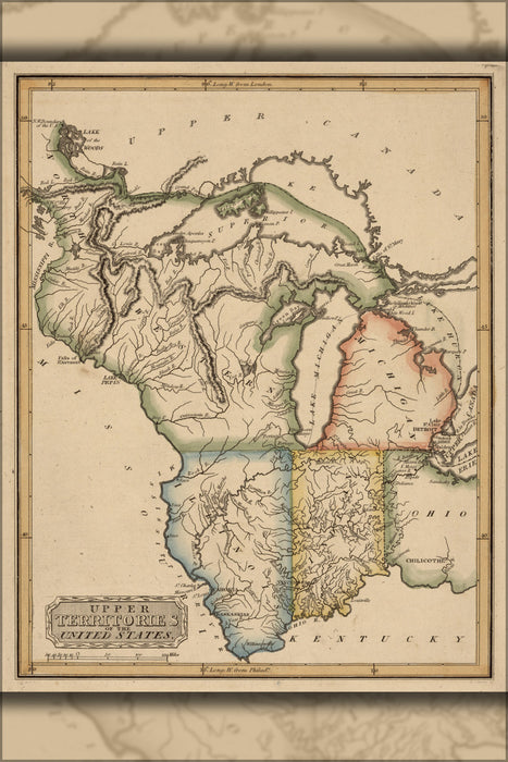 24"x36" Gallery Poster, map of michigan indiana illinois wisconsin 1817