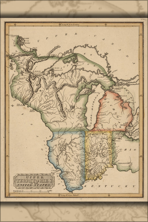 24"x36" Gallery Poster, map of michigan indiana illinois wisconsin 1817