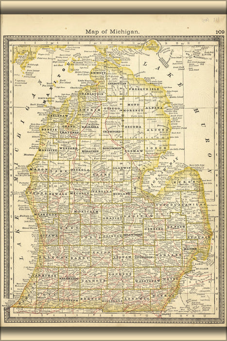24"x36" Gallery Poster, map of michigan lower peninsula 1881