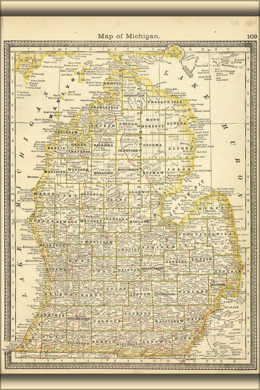 24"x36" Gallery Poster, map of michigan lower peninsula 1881