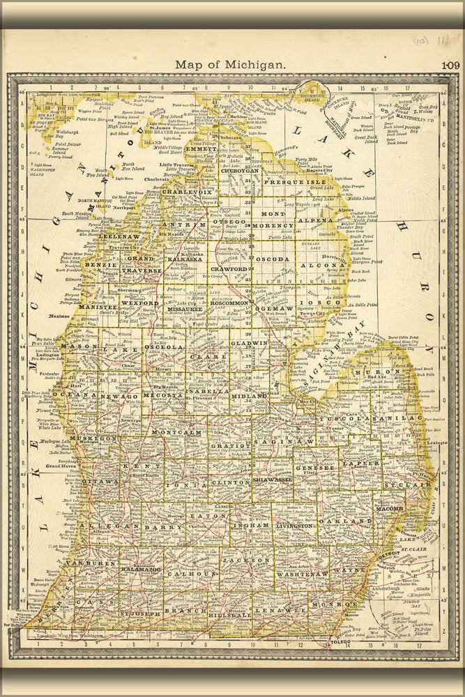 24"x36" Gallery Poster, map of michigan lower peninsula 1881