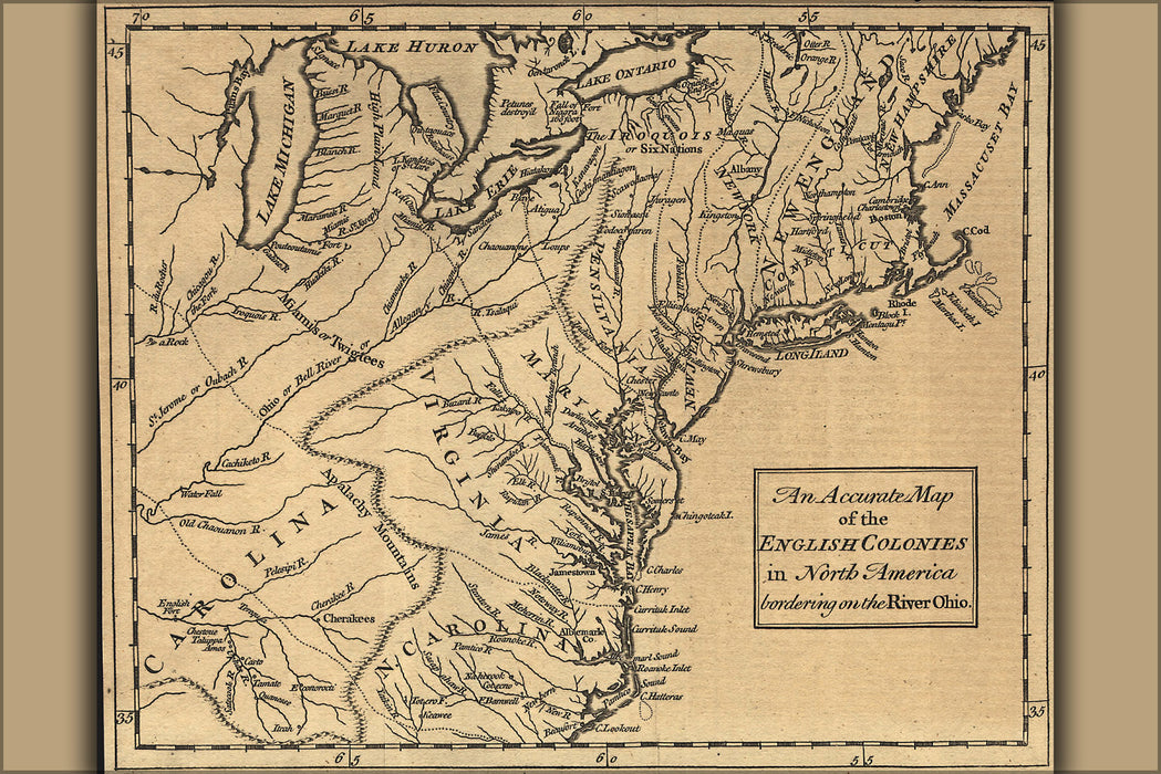 24"x36" Gallery Poster, map of michigan ohio indiana pennsylvania virginia new york 1754