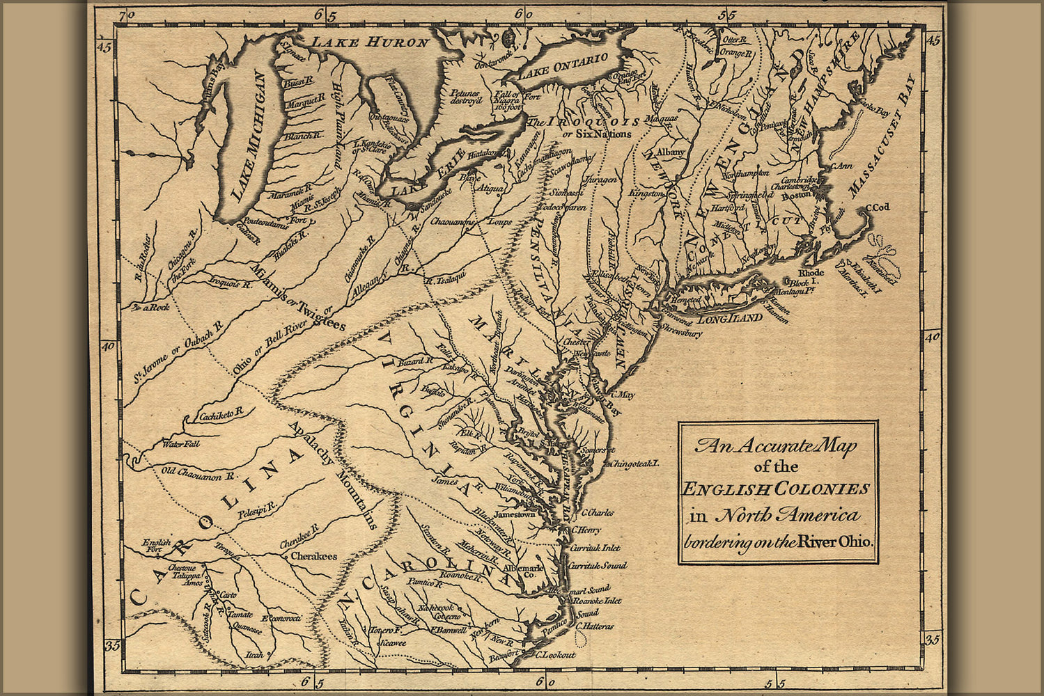 24"x36" Gallery Poster, map of michigan ohio indiana pennsylvania virginia new york 1754