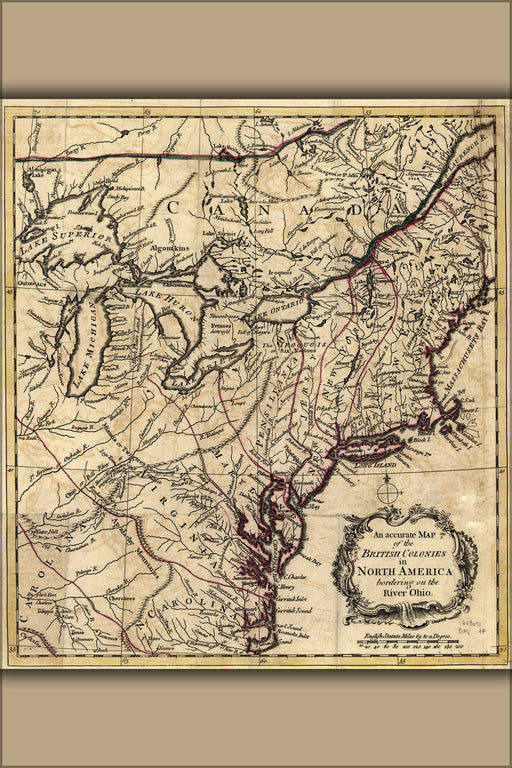 24"x36" Gallery Poster, map of michigan ohio indiana pennsylvania virginia new york 1755