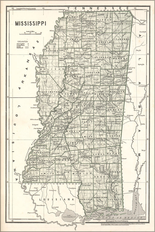 24"x36" Gallery Poster, map of mississippi 1842