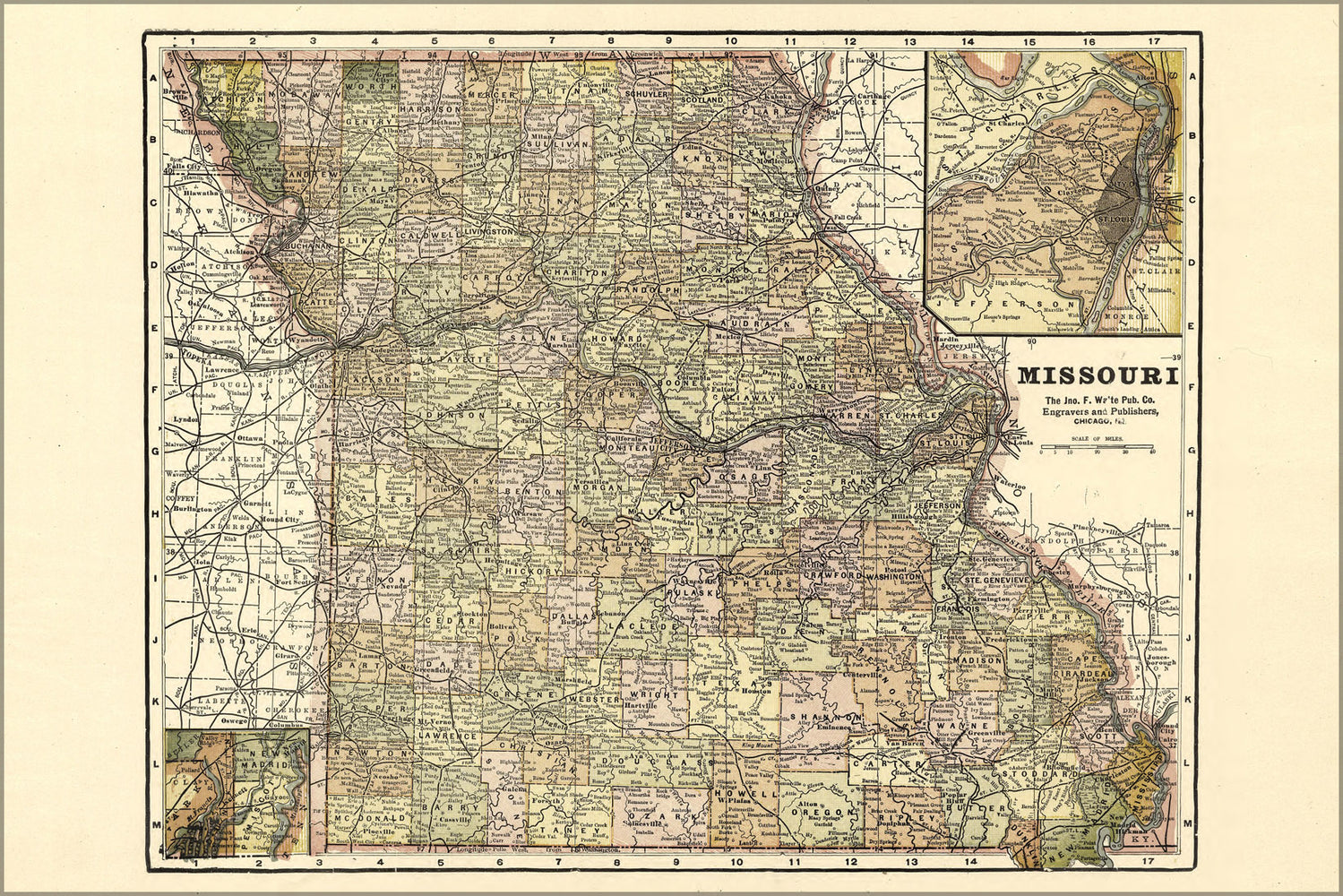 24"x36" Gallery Poster, map of missouri 1896