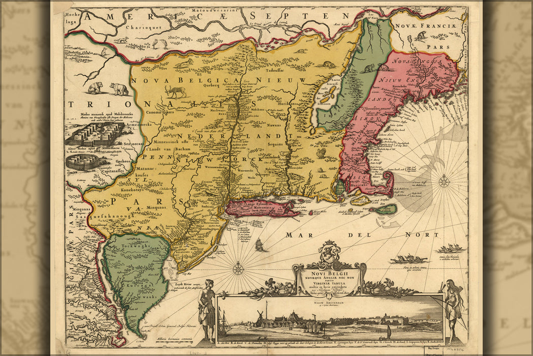 24"x36" Gallery Poster, map of new england & new Belgium 1685