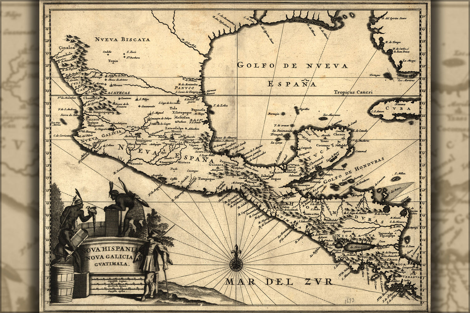24"x36" Gallery Poster, map of new spain mexico 1671