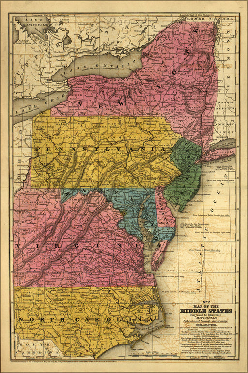 24"x36" Gallery Poster, map of new york maryland new jersey virginia 1839