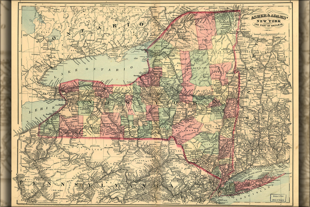 24"x36" Gallery Poster, map of new york state 1871