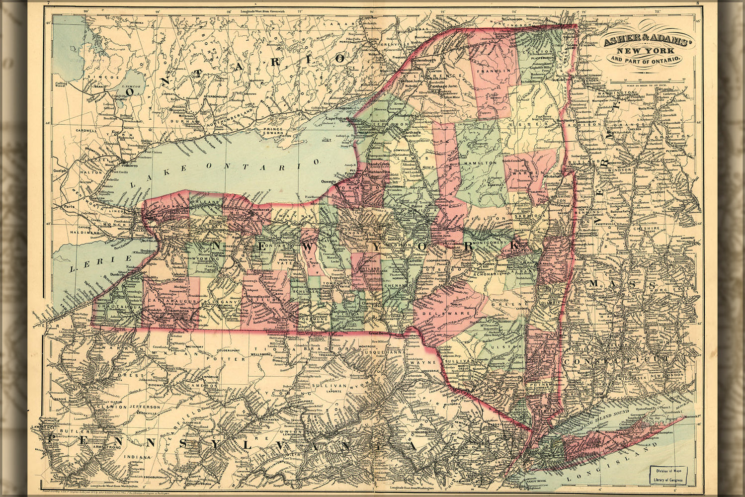 24"x36" Gallery Poster, map of new york state 1871