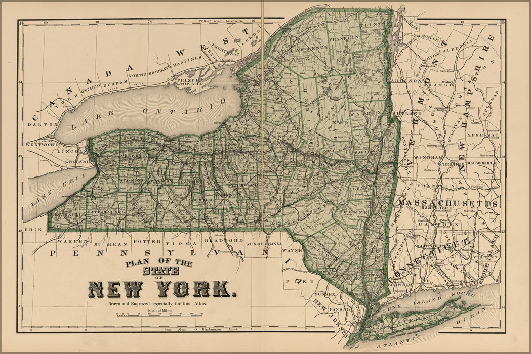 24"x36" Gallery Poster, map of new york state 1875