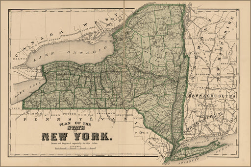 24"x36" Gallery Poster, map of new york state 1875