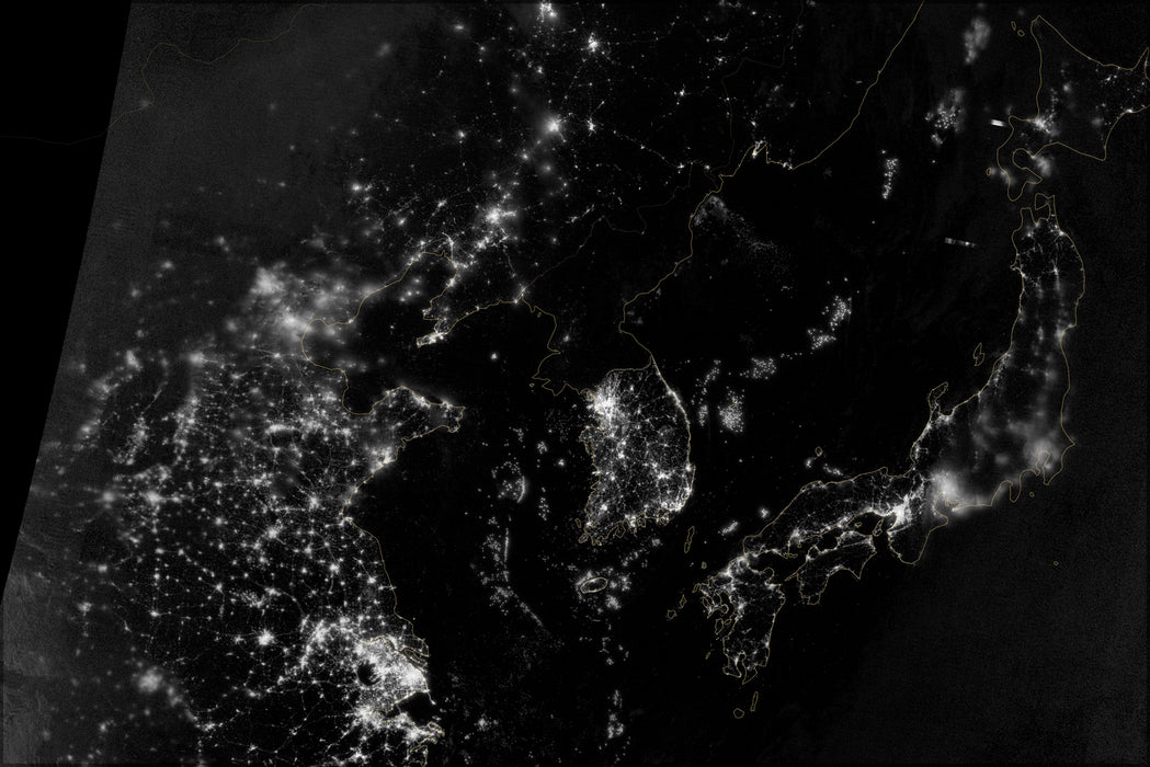 24"x36" Gallery Poster, map of north and south Korea at night